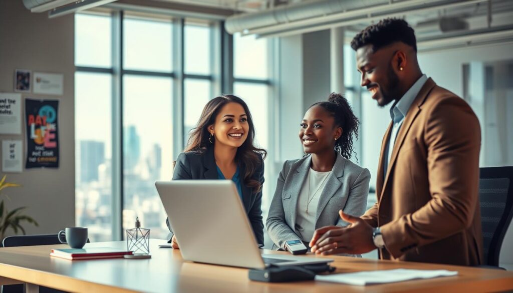 A modern office environment illustrating changes at the workplace. In the foreground, two diverse professionals—one Asian woman and one Black man—are engaged in a collaborative discussion, showcasing enthusiasm and innovative ideas. They are dressed in smart business attire. The middle ground features a contemporary desk with a laptop, digital tools, and motivational posters on the walls, symbolizing a vibrant work culture. In the background, large windows allow natural light to flood the space, revealing a scenic city view. The lighting is bright and uplifting, with a focus on clarity and detail. The image is shot on a Sony A7R IV at 70mm, using a polarized filter to enhance colors and sharpness, conveying a mood of motivation and positivity amid change.