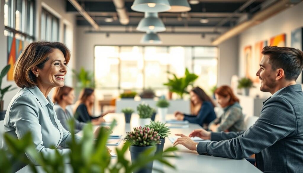 A modern office environment reflecting a positive corporate culture, featuring a diverse group of professionals engaged in collaborative discussions around a large conference table. In the foreground, a middle-aged woman in business attire smiles while sharing ideas with a young man in a casual but professional outfit. The middle ground shows an open-design workspace filled with green plants and colorful artwork, enhancing the atmosphere. In the background, large windows let in warm, natural light, creating a welcoming ambiance. The scene conveys a sense of motivation and creativity, with soft focus on the background elements. Shot on a Sony A7R IV at 70mm with a polarized filter, ensuring clarity and sharp detail throughout the image.
