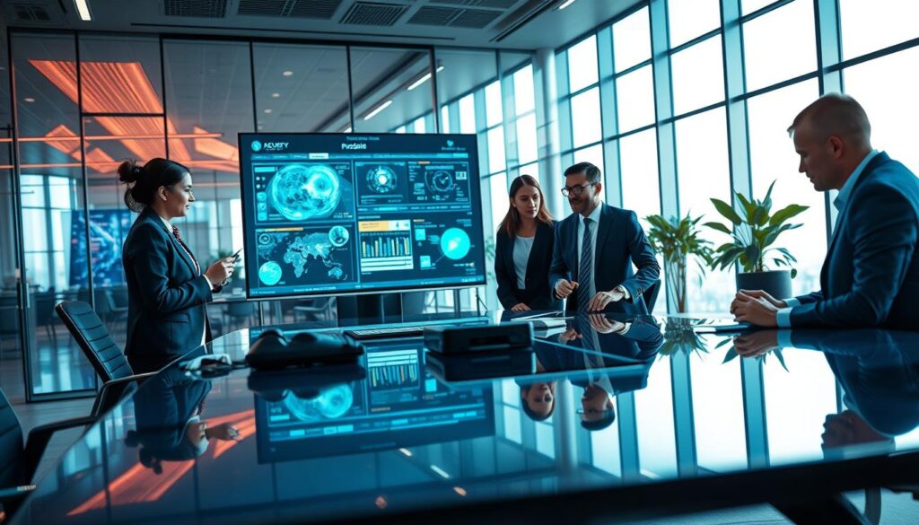 A modern office environment showcasing technological excellence. In the foreground, a diverse team of three professionals in smart business attire collaborate around a sleek, high-tech conference table, examining advanced digital devices and innovative tools. The middle ground features a large screen displaying complex data visualizations and simulations, illustrating cutting-edge technology. The background reveals a futuristic office design with glass walls, vibrant LED lights, and digital interfaces. The scene is bathed in bright, natural lighting from large windows, creating an inspiring atmosphere. Captured with a Sony A7R IV at 70mm, the image is sharply focused and clearly defined, enhanced with a polarized filter to ensure vivid colors and contrast.