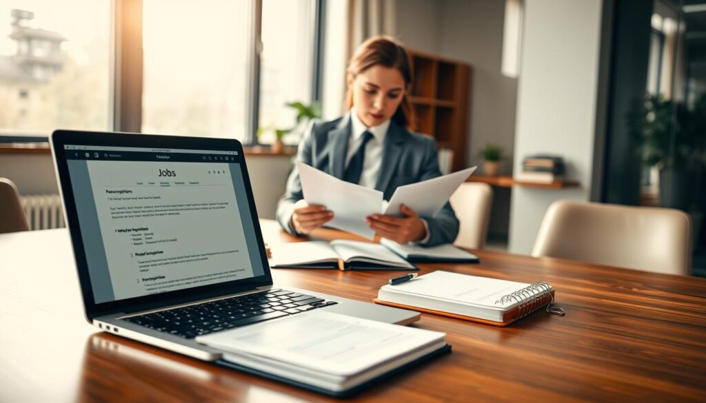 A modern office environment with a polished wooden desk in the foreground, featuring a laptop open to a job description page, accompanied by a notepad with handwritten notes and a neatly organized planner. In the middle, a professional-looking individual, dressed in smart business attire, reviews materials related to job research with a focused expression, symbolizing preparation for a job application. The background displays a large window with natural light spilling into the room, creating a warm and inviting atmosphere. Soft, diffused lighting emphasizes clarity and professionalism, captured using a Sony A7R IV at 70mm, ensuring every detail is sharply defined. The overall mood is one of determination and readiness, reflecting a serious approach to career advancement.
