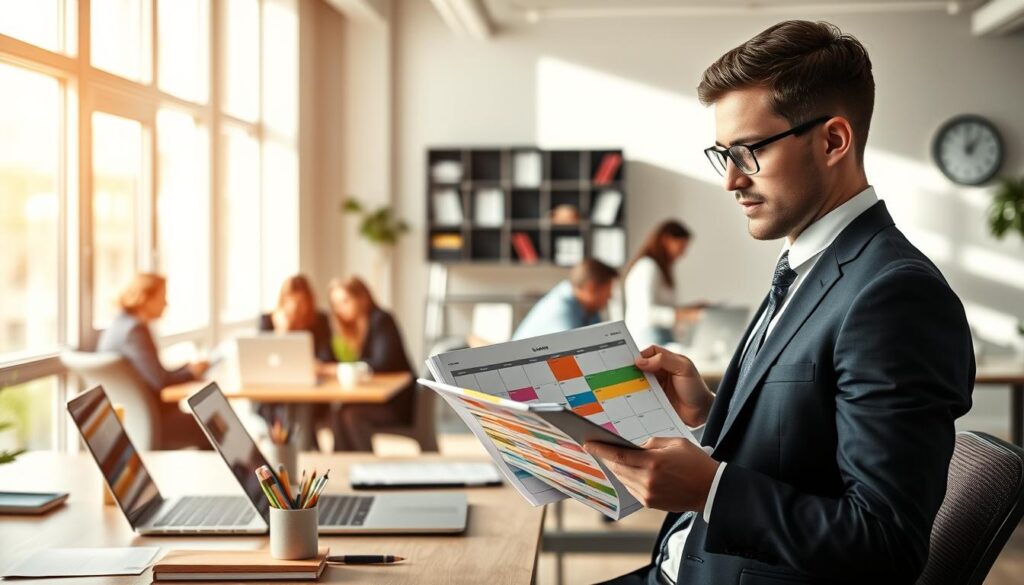 A modern office setting showcasing the application of time-blocking techniques in a professional environment. In the foreground, a smartly dressed individual focuses intently on a digital planner, surrounded by color-coded time blocks representing different tasks. Their workspace is organized and minimalistic, featuring a laptop, stationery, and a clock on the wall, highlighting the importance of time management. The middle ground features a collaborative area with colleagues engaged in discussion, each using their own time-blocking resources. In the background, large windows let in bright natural light, casting soft shadows across the room, enhancing a productive atmosphere. The image is captured with a Sony A7R IV at 70mm, ensuring sharp details and a professional look, with a polarized filter for clarity. The overall mood conveys focus, organization, and efficiency.