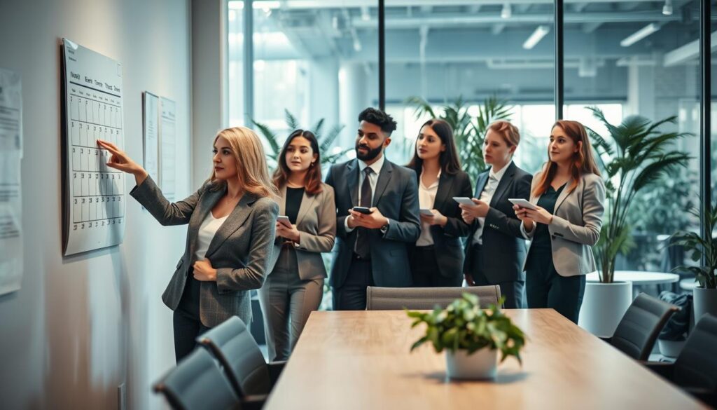 A modern office setting where a diverse group of professionals is engaged in a discussion about break times. In the foreground, a confident woman in a tailored suit points to a calendar on a wall, indicating specific break slots. In the middle, a diverse team of three colleagues, dressed in business attire, attentively listens and takes notes, showcasing a mix of expressions — curiosity and agreement. The background features a large window with natural light pouring in, illuminating a stylish office space filled with greenery and a sleek conference table. The atmosphere is collaborative and focused, reflecting a serious yet positive conversation. The image should be shot with a Sony A7R IV at 70mm, with a sharp focus and a slightly blurred background, enhanced by a polarized filter to create clarity and depth.