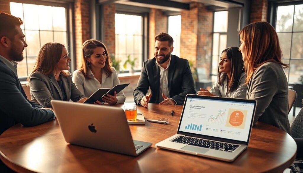 A modern office setting where a diverse group of professionals is engaged in dynamic discussions around a large round table. In the foreground, a woman in business attire is taking notes on a digital tablet while actively listening to a colleague presenting ideas. The middle ground features an open laptop displaying visual feedback graphs and friendly facial expressions, emphasizing collaboration and communication. In the background, large windows let in warm, natural light, creating an inviting atmosphere that promotes teamwork. The image is shot with a Sony A7R IV at 70mm, showcasing crisp details and vibrant colors through a polarized filter, capturing the essence of constructive feedback and continuous communication within an engaged team. The overall mood is positive, inspiring, and professional.