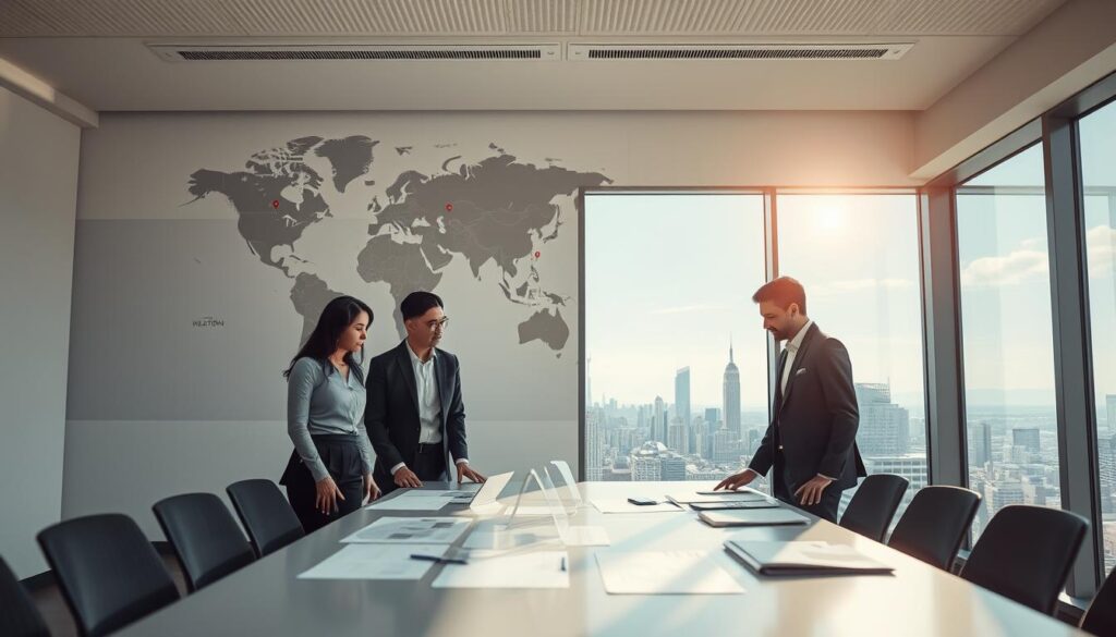 A modern, professional office space representing international locations, with a world map displayed on a wall showcasing various cities marked with pins. In the foreground, a diverse group of four business professionals dressed in smart business attire, collaborating over a large table filled with documents and digital maps. The middle ground features a sleek, minimalist design with large windows allowing natural light to flood the room. Outside the windows, a skyline view of a bustling cityscape with iconic landmarks visible under a clear blue sky. The atmosphere is dynamic and engaging, emphasizing teamwork and global connectivity. Shot on a Sony A7R IV at 70mm, with a polarized filter for sharp clarity and vivid colors, capturing the professional environment.