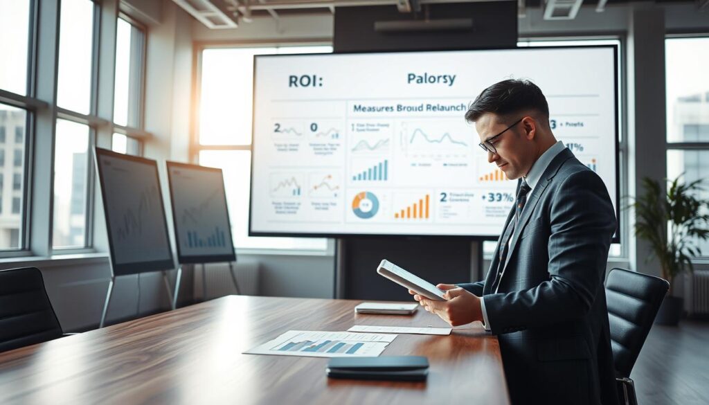 A modern, sleek office space featuring a large digital screen displaying the concept of ROI (Return on Investment) in a visually engaging manner. In the foreground, a professional dressed in business attire analyzes data on a tablet, with graphs and charts illustrating trends related to a brand relaunch. The middle section should include a whiteboard with notes and diagrams detailing the steps of measuring ROI. In the background, large windows let in ample natural light, creating a bright and focused atmosphere. The composition should be shot with a Sony A7R IV at 70mm, ensuring clarity and sharp definition, enhanced by a polarized filter for vibrant colors and contrast. The mood is serious yet optimistic, reflecting the importance of strategic investment in design.