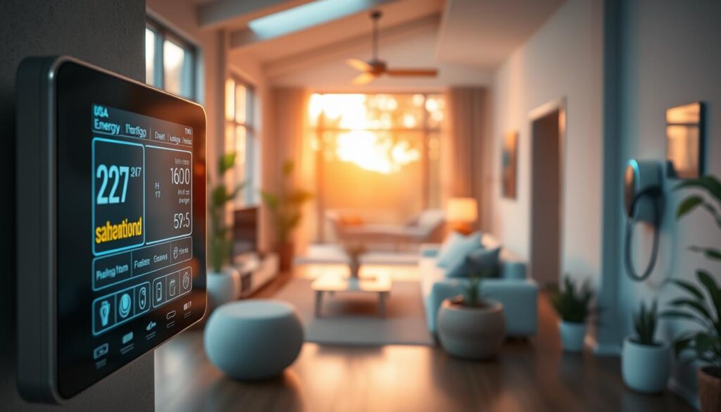 A modern, smart home interior showcasing energy-efficient technology. In the foreground, a sleek digital control panel displaying energy usage statistics and smart device settings. The middle layer features a spacious living room with large windows allowing natural light, filled with eco-friendly furniture and plants. Subtle ambient lighting creates a warm atmosphere, highlighting integrated smart devices like a thermostat and smart speakers. In the background, a wallbox charging station is elegantly mounted near an entrance, symbolizing sustainable energy solutions. The scene is captured with a Sony A7R IV at 70mm, ensuring sharp focus and clarity, with a polarized filter enhancing color vibrancy. The overall mood is futuristic and inviting, reflecting modern energy efficiency.