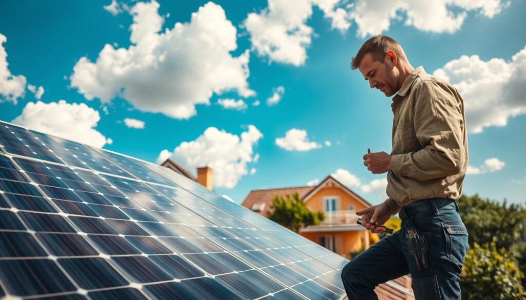 A modern solar thermal installation on a residential roof in a sunny landscape, showcasing solar panels angled for optimal sunlight absorption. In the foreground, a technician dressed in professional attire, inspecting the setup with tools in hand. The middle ground features the beautiful house with green gardens and a warm facade, illustrating the integration of solar technology into everyday life. In the background, a blue sky with fluffy white clouds enhances the positive atmosphere. The image is shot using a Sony A7R IV at 70mm, ensuring a clear focus on the solar panels while softly blurring the background, enhanced by a polarized filter to highlight natural colors and reduce glare. The scene conveys innovation and sustainability.