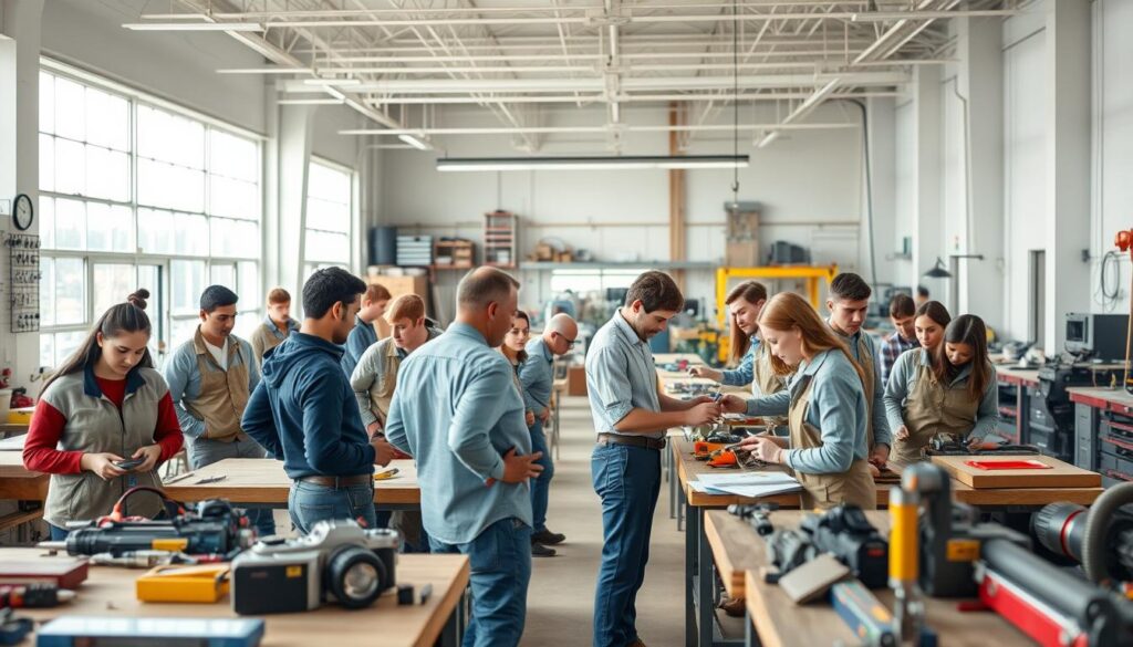 A modern training center for skilled trades, showcasing students and instructors in a bright, airy classroom filled with tools and equipment. In the foreground, a diverse group of trainees engages in hands-on learning, dressed in professional work attire. The middle ground features an instructor demonstrating techniques, highlighting the importance of practical education. The background includes large windows that let in natural light, with a view of a workshop filled with machines and materials. The atmosphere is energetic and focused, reflecting the commitment to developing skilled craftsmanship. The scene is shot with a Sony A7R IV at 70mm, ensuring a clear and sharply defined image with a polarized filter that enhances colors and details.
