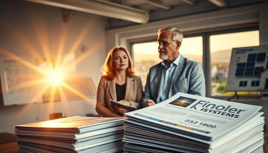 A modern, well-lit office space showcasing a financial advisor consulting with a middle-aged couple dressed in professional attire, discussing the benefits of photovoltaic systems. In the foreground, a stack of brochures about financial support and subsidies for solar energy prominently displayed. In the middle ground, a large window reveals a picturesque view of solar panels installed on rooftops in the scenic Weserbergland region, bathed in warm, golden sunlight suggesting a promising future. The background includes a whiteboard with diagrams of solar energy concepts, reflecting a professional yet friendly atmosphere. Shot on a Sony A7R IV at 70mm, the image is sharply defined with a polarized filter enhancing the vibrant colors and clarity.