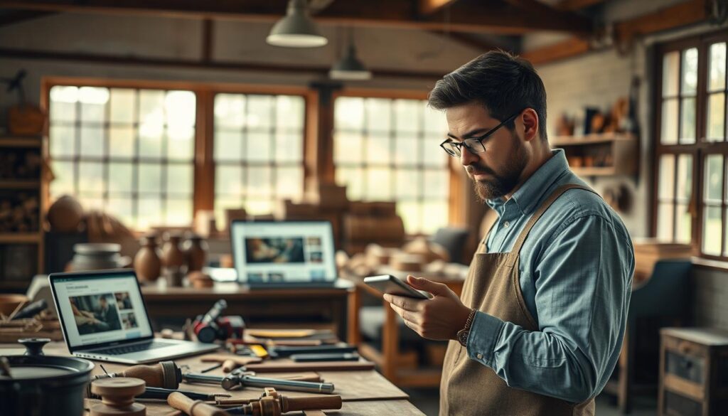 A modern workshop scene in the Weserbergland, showcasing a skilled craftsperson engaged in digital client acquisition. In the foreground, a focused artisan wearing professional attire is using a tablet to communicate with clients, surrounded by tools of their trade. In the middle ground, a well-organized workspace features traditional handmade goods and a laptop displaying a website for online customer engagement. The background reveals an inviting, rustic workshop with large windows, letting in warm, natural light that highlights the craftsmanship. The atmosphere is productive and innovative, merging tradition with technology, captured with a Sony A7R IV at 70mm, clearly focused with crisp detail and a polarized filter to enhance colors and contrast.
