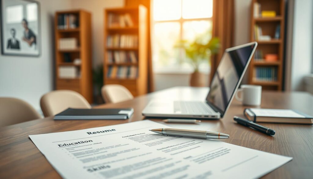 A neatly organized workspace focused on a modern desk featuring a high-quality, well-structured resume laid out prominently. In the foreground, the resume is clearly visible, showcasing sections like 'Education,' 'Experience,' and 'Skills,' presented in a minimalist, professional format. The middle layer includes a sleek laptop, a stylish pen, and a planner, all suggesting a sense of professionalism and preparation. The background depicts a softly blurred office environment with tall bookshelves and a large window letting in warm, natural light, creating a calm and inspiring atmosphere. Shot on a Sony A7R IV at 70mm, the image has sharp focus and clarity, enhanced by a polarized filter to eliminate glare.