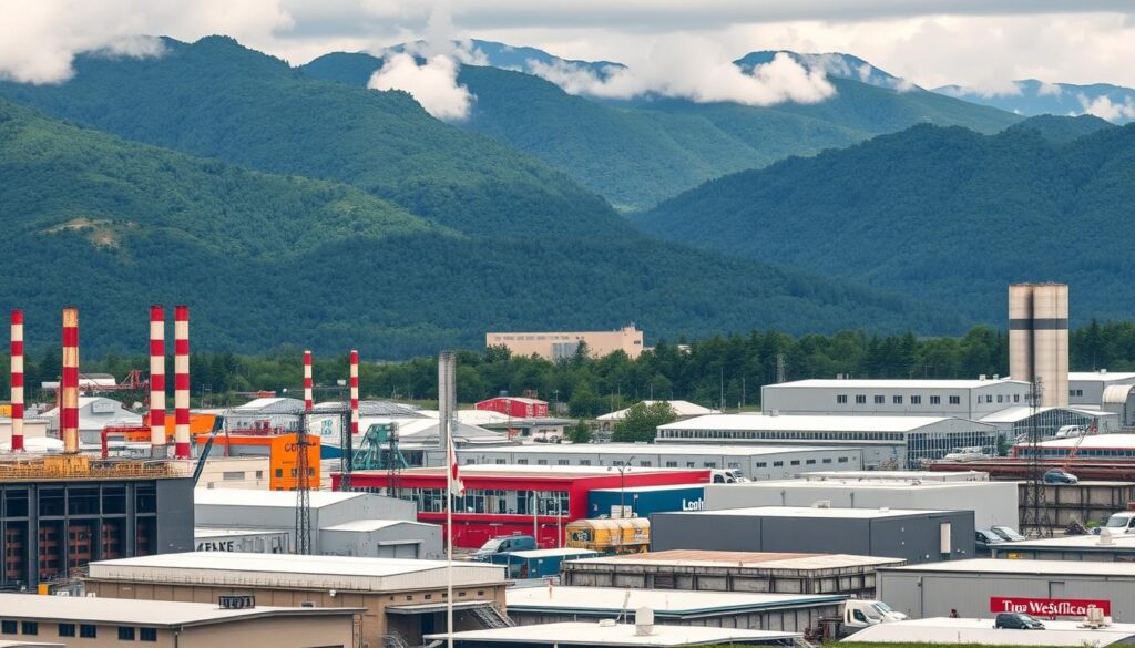 A panoramic view of the industrial areas in Porta Westfalica, showcasing modern factories and warehouses nestled against the backdrop of the beautiful Weserbergland hills. In the foreground, a variety of industrial buildings with distinctive architecture, including smokestacks and loading docks, reflecting vibrant business activity. The middle ground features workers in professional business attire engaging in various tasks, embodying the industrious spirit of the region. The background is filled with lush green mountains, partially shrouded in mist, highlighting the natural landscape surrounding the industrial zone. Shot on a Sony A7R IV with a 70mm lens, ensuring crisp details and sharp focus, enhanced by a polarized filter to capture the vibrant colors and contrast of the scenery. The mood is dynamic and industrious, symbolizing the economic vitality of Porta Westfalica's industrial sectors.