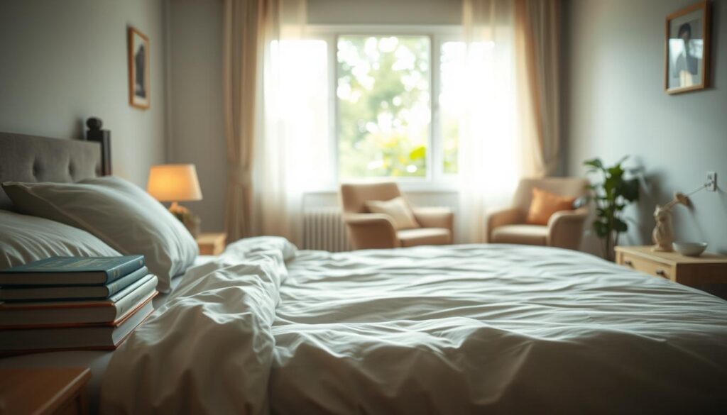 A peaceful bedroom scene showcasing healthy sleep habits for better well-being. In the foreground, a comfortable bed with soft, inviting bedding in calming colors, accentuated by a neatly arranged stack of books on a bedside table. In the middle ground, soft, warm lighting bathes the room, creating a serene atmosphere. A window reveals a gentle morning light filtering through sheer curtains, with a subtle view of green trees outside. In the background, a cozy armchair and a small indoor plant add a touch of nature. The image captures an uplifting, tranquil mood, emphasizing the importance of routine in promoting restful sleep. Shot on a Sony A7R IV at 70mm, clearly focused, sharply defined, using a polarized filter to enhance colors and detail.