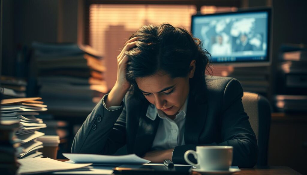 A person in a professional business attire is sitting at a cluttered desk, looking overwhelmed and fatigued, with their head resting on their hand. The expression on their face conveys stress and exhaustion, representing the physical discomfort associated with burnout. In the background, dimly lit office elements can be seen, such as stacks of papers, a flickering computer screen, and an empty coffee cup, enhancing the feeling of a heavy atmosphere. The lighting is warm but eerie, casting long shadows to create a somber mood. The shot is taken with a Sony A7R IV at 70mm, showcasing sharp details, and using a polarized filter to enhance clarity. The focus captures the essence of burnout's impact on health, illustrating the weight of physical discomfort.