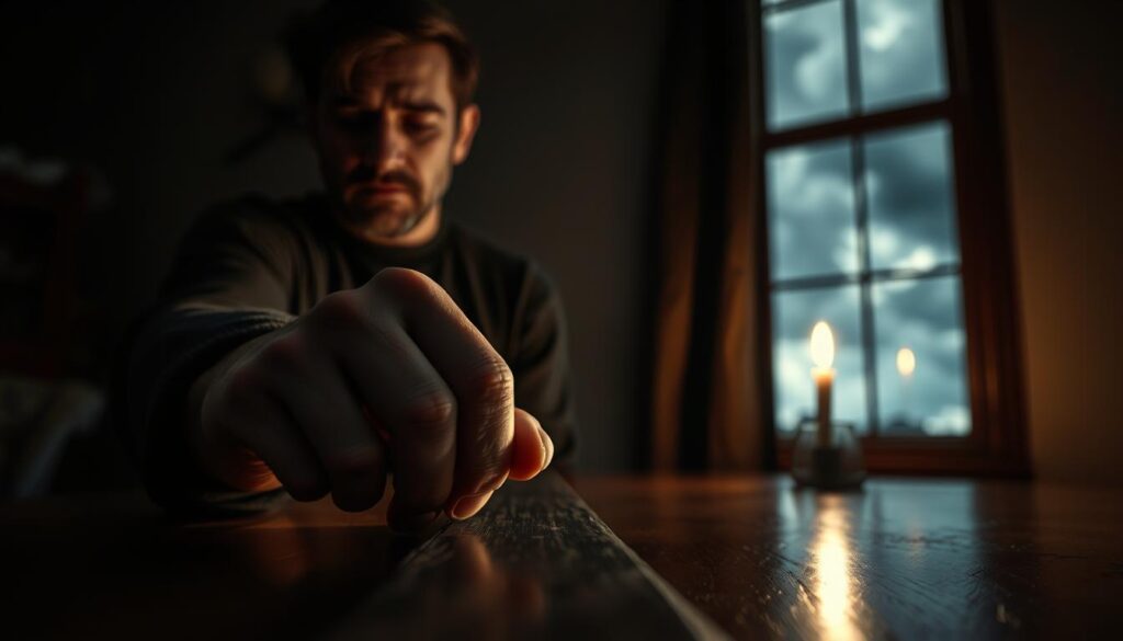 A person standing alone in a dimly lit room, the expression on their face conveying deep worry and unease. The foreground features a close-up of their hands gripping the edge of a desk, fingers tense and knuckles white, symbolizing stress and anxiety. In the middle ground, soft shadows create a sense of isolation, while a flickering candle casts haunting reflections on the walls. The background reveals a blurred out window, showing a stormy sky outside, representing turmoil. The overall atmosphere is heavy and suffocating, reflecting the weight of overwhelming fear. Shot on a Sony A7R IV at 70mm, with sharp focus and a polarized filter to enhance contrasts, creating a somber yet visually striking composition.