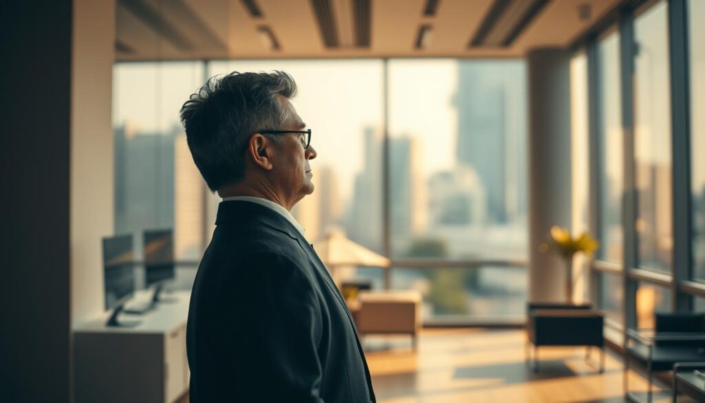 A person stands alone in a modern office environment, embodying the concept of emotional distance. In the foreground, a middle-aged individual in professional attire gazes thoughtfully out a large window, their expression contemplative yet distant. In the middle ground, the sleek office space features minimalistic furniture, with soft shadows cast by overhead lighting. In the background, a blurred view of city buildings contrasts the individual’s isolation. The warm, natural light filters through, creating a serene yet introspective atmosphere. The image is shot with a Sony A7R IV at 70mm, ensuring a sharply focused subject against a softly blurred background, enhancing the feelings of solitude and reflective contemplation.