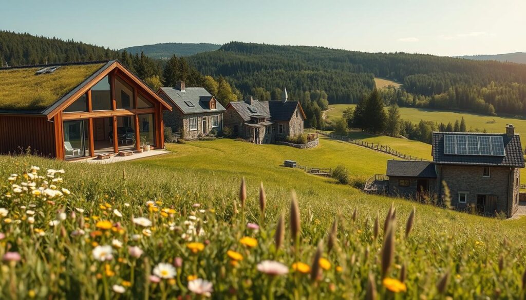 A picturesque landscape of sustainable building in the Weserbergland region, showcasing eco-friendly architecture harmoniously integrated with nature. In the foreground, a modern wooden home with large windows and a green roof, surrounded by blooming wildflowers and native plants. The middle ground features traditional stone structures renovated with solar panels and efficient insulation, nestled among rolling green hills. In the background, a serene view of dense forests and gentle slopes under a clear blue sky, capturing the essence of rural Germany. Soft, natural lighting enhances the warm tones of the materials used. This image is shot on a Sony A7R IV at 70mm, with a clear focus and subtly polarized filter to enhance colors and details, conveying a tranquil and sustainable atmosphere.