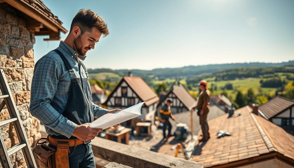 A picturesque landscape of the Weserbergland region in Germany, showcasing a charming town with traditional half-timbered houses reflecting regional craftsmanship. In the foreground, a professional handyman in smart casual attire examines a project blueprint next to a tool belt and a ladder. The middle ground features local tradespeople, such as a roofer and painter, demonstrating their skills on-site, with tools and equipment scattered around. The background reveals rolling hills and lush greenery under a clear blue sky, with soft, warm sunlight filtering through, creating an inviting atmosphere. Captured with a Sony A7R IV at 70mm, the image focuses sharply on the details, enhancing the professionalism and local character of the trades.