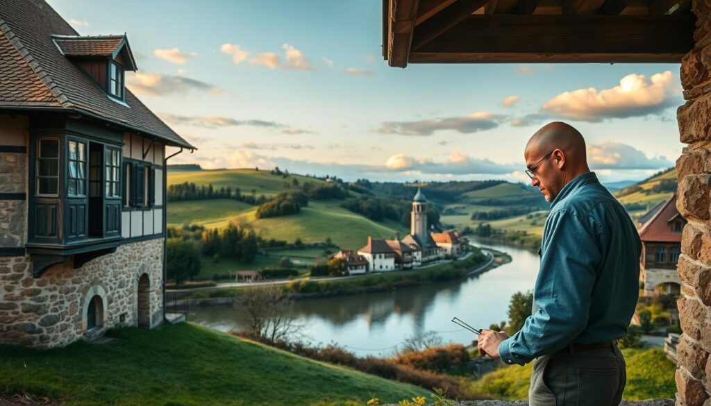 A picturesque landscape of the Weserbergland region, showcasing a historical building protected under the Denkmalschutzgesetz (Monument Protection Law). In the foreground, display a skilled craftsman in professional attire, carefully restoring intricate architectural details of the building. The middle ground features lush green hills and a winding river reflecting the serene environment, with additional historic structures nearby, highlighting the region's rich heritage. The background should feature softly lit clouds, creating a warm atmosphere at sunset, enhancing the mood of preservation and craftsmanship. Capture this scene using a Sony A7R IV at 70mm, with a sharply defined focus and a polarized filter to enrich colors and contrast.