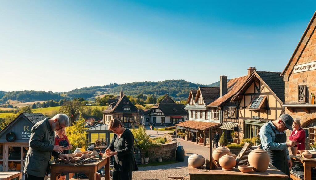 A picturesque landscape of the Weserbergland region showcasing regional craft guilds. In the foreground, artisans in professional business attire engage in traditional craftsmanship—woodworking and pottery—exuding a sense of collaboration and skill. In the middle, a charming village scene features rustic buildings adorned with signs of various craft guilds, each reflecting unique local artistry. The background reveals rolling hills and lush greenery under a bright, clear blue sky, casting gentle, warm light across the scene. Shot with a Sony A7R IV at 70mm, this image is clearly focused and sharply defined, enhanced by a polarized filter to enrich the colors and contrast, creating an inviting and professional atmosphere that captures the essence of craftsmanship in Weserbergland.