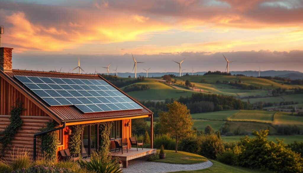 A picturesque landscape scene showcasing sustainable building practices and energy efficiency in the Weserbergland region. In the foreground, a modern eco-friendly house made from natural materials, featuring solar panels on the roof and green walls adorned with climbing plants. In the middle ground, lush rolling hills characterized by wind turbines and verdant fields, symbolizing renewable energy sources. The background presents a serene sky at twilight, filled with warm golden hues illuminating the scene, evoking a sense of tranquility and harmony with nature. The image is sharply defined and clearly focused, shot with a Sony A7R IV at 70mm, using a polarized filter to enhance colors and reduce glare, creating an inviting and inspirational atmosphere for environmentally conscious living.
