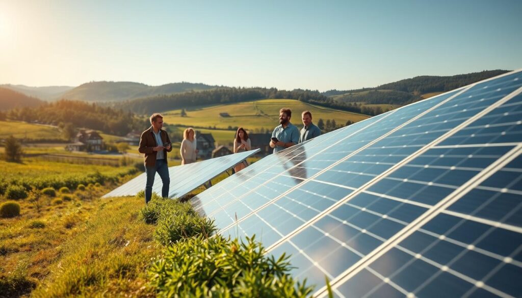 A picturesque landscape showcasing the potential of photovoltaic technology in the Weserbergland region. In the foreground, modern solar panels gleam under a clear blue sky, reflecting sunlight on a gentle slope dotted with lush greenery. In the middle ground, a small group of professionals in modest casual clothing discuss solar energy solutions, holding tablets and pointing at charts. The background features rolling hills and charming half-timbered houses typical of the region. The scene is bathed in warm, natural light, captured with a Sony A7R IV at 70mm, ensuring sharp focus on the solar panels while softly blurring the distant hills. The overall mood is optimistic and forward-thinking, representing a sustainable future.