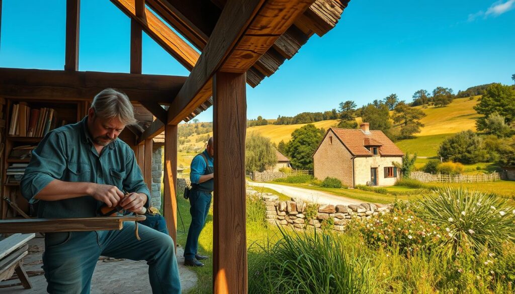 A picturesque rural setting showcases skilled craftsmen working on traditional farm buildings in Aerzen. In the foreground, a carpenter in modest casual clothing meticulously repairs wooden beams with hand tools, while an apprentice assists nearby. The middle ground features an old, charming farmhouse with rustic stone walls, surrounded by lush greenery and blooming wildflowers. In the background, rolling hills and trees softly transition into a clear blue sky, bathed in warm, golden sunlight. The scene is captured using a Sony A7R IV at 70mm, emphasizing sharp focus and vibrant colors, enhanced by a polarized filter. The overall mood is one of dedication and harmony with nature, reflecting the craftsmanship of rural building restoration.