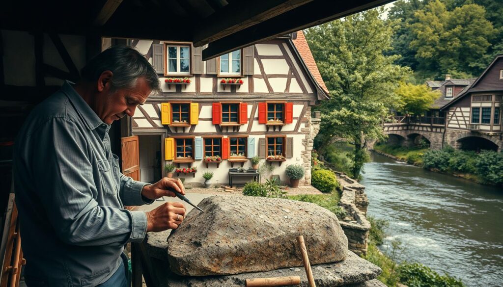 A picturesque scene capturing a skilled craftsman working on traditional timber-framed (Fachwerk) architecture in Hessisch Oldendorf. In the foreground, the artisan, dressed in modest casual clothing, is intricately chiseling a large piece of natural stone, focusing on the details of the design. The middle ground showcases a beautifully constructed Fachwerk house, with exposed wooden beams and colorful window shutters, reflecting the town's heritage. In the background, the serene Weser River flows gently, surrounded by lush greenery and the quaint charm of the surrounding landscape. The image is captured with a Sony A7R IV using a 70mm lens, with excellent clarity and defined details, enhanced by soft, warm natural lighting creating an inviting atmosphere.