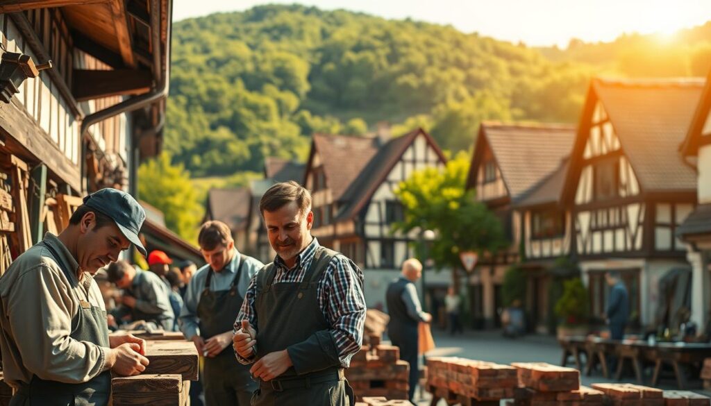 A picturesque scene depicting "Handwerksangebote Bad Münder" within a charming spa town. In the foreground, skilled artisans in professional attire are engaged in various handcrafting activities such as woodworking, bricklaying, and restoration of vintage houses. The middle ground showcases a quaint street lined with traditional half-timbered homes, reflecting the local architectural style. In the background, lush green hills provide a serene ambiance, capturing the essence of a Kurort. The lighting is warm and inviting, reminiscent of a late afternoon sun, with soft shadows adding depth. Shot on a Sony A7R IV at 70mm, the image is sharply defined, employing a polarized filter for enhanced color vibrancy and clarity, conveying a sense of community and craftsmanship.