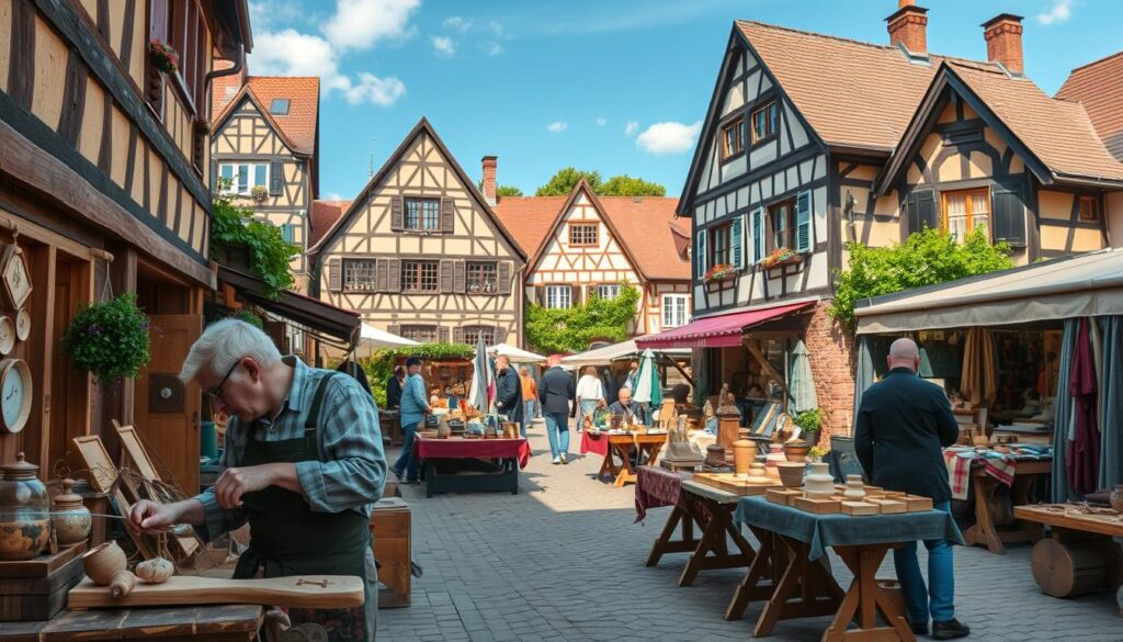 A picturesque scene depicting local craftsmanship in Hann. Münden, showcasing intricate wooden details of half-timbered buildings in a vibrant, historical district. In the foreground, a skilled artisan works on a handcrafted wooden piece, wearing modest attire and displaying concentration. The middle ground features more craftsmen engaging in various trades, surrounded by display tables showcasing their unique creations, from pottery to textiles. The background captures the classic architecture of the Dreiflüssestadt, with lush greenery and a clear blue sky adding to the charm. The image should be shot on a Sony A7R IV with a 70mm lens, ensuring clarity and sharpness, enhanced by a polarized filter to enrich the colors and texture. The atmosphere is warm and inviting, reflecting the artistic spirit of local craftsmanship.