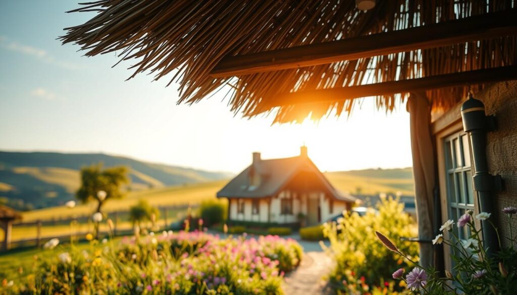 A picturesque scene featuring a traditional thatched roof ("Kosten Reetdach") on a charming cottage in Bodenwerder. In the foreground, focus on the detailed texture of the thatched roof, showcasing the layered reeds tightly woven together. The middle ground includes the quaint cottage with its rustic wooden beams, surrounded by blooming wildflowers and a manicured garden. In the background, lush green hills and a clear blue sky enhance the serene atmosphere. The scene is bathed in soft, natural light, as if captured during the golden hour, with a warm and inviting ambiance. Shot with a Sony A7R IV at 70mm, clearly focused and sharply defined, utilizing a polarized filter to reduce glare and enhance colors.