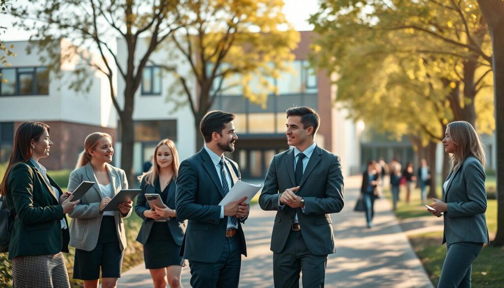 A picturesque scene illustrating typical apprenticeship start moments in Germany. In the foreground, a diverse group of young adults in professional business attire, engaged in a friendly discussion while holding application papers and tablets. The middle ground features an iconic German vocational school building, showcasing modern architecture contrasted with traditional elements like brick work. Soft, warm daylight filters through the trees lining the pathway, creating a welcoming and optimistic atmosphere. In the background, faint silhouettes of students can be seen entering the school, symbolizing the beginning of their professional journey. Shot on a Sony A7R IV with a 70mm lens, clearly focused and sharply defined, with a polarized filter enhancing colors and contrast, conveying an inspiring and hopeful mood.
