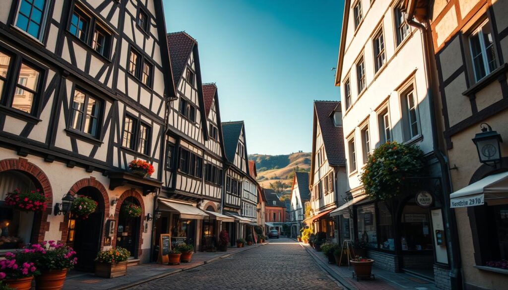 A picturesque scene of traditional Fachwerkhäuser in Hameln, showcasing intricately designed timber-framed architecture with white plaster and dark wood beams. The foreground features charming cobblestone streets lined with vibrant flowers and small artisanal shops. In the middle, the façades of the buildings shimmer under warm afternoon sunlight, highlighting their ornate details and recent restoration efforts. The background includes gentle rolling hills and a clear blue sky, evoking a peaceful, harmonious atmosphere. Capture this image with a Sony A7R IV at 70mm, ensuring sharp focus and a defined depth of field. A polarized filter enhances the colors and contrast, creating an inviting and vibrant ambiance.