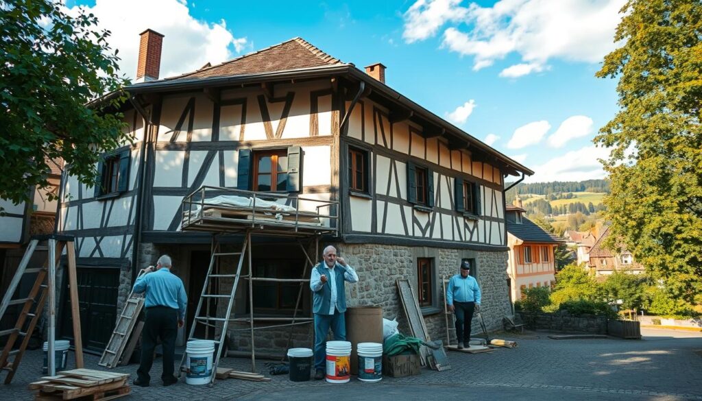 A picturesque scene showcasing a charming half-timbered house undergoing restoration in Bad Münder. In the foreground, skilled craftsmen in professional attire are diligently working, carefully applying traditional techniques to the timber framing and stone masonry. The middle ground features scaffolding adorned with tools, and large buckets of restoration materials beside them. The background reveals the serene architecture of the spa town with lush greenery and rolling hills under a clear blue sky. Soft, diffused sunlight filters through the trees, creating a warm, inviting atmosphere. The image should be captured with a Sony A7R IV at 70mm for sharp detail, and the use of a polarized filter enhances the colors and reduces glare, conveying a sense of both history and renewal.