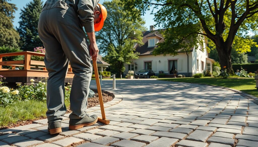 A picturesque scene showcasing professional paving work in Holzminden, focusing on a well-constructed driveway made of interlocking cobblestones. In the foreground, a skilled craftsman wearing professional work attire is carefully laying stones, with tools like a level and rubber mallet visible. In the middle ground, the half-finished driveway reveals an intricately designed pattern, while a newly built wooden terrace is seen to the left, lined with lush greenery and blooming flowers. The background features a charming residential home, surrounded by mature trees and a clear blue sky, enhancing the tranquil atmosphere. The image captures the fine details of the cobblestone texture and the natural light filtering through the leaves, shot with a Sony A7R IV at 70mm, clearly focused and sharply defined, using a polarized filter to emphasize the vibrant colors.