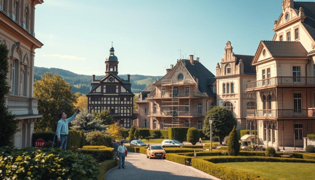 A picturesque scene showcasing the historic villas and spa houses of Bad Pyrmont, emphasizing their architectural beauty and the ongoing restoration efforts by skilled painters. In the foreground, a painter in professional attire is gently applying fresh colors to an ornate villa facade. In the middle, beautifully adorned historic buildings with intricate details, lush greenery surrounding them, and scaffolding indicating restoration work. In the background, rolling hills and a clear blue sky provide a serene backdrop. Soft, warm lighting enhances the inviting atmosphere, while the scene is shot with a Sony A7R IV at 70mm, featuring sharp focus and vivid colors, slightly angled to capture the depth of the architecture and the craftsmanship of restoration.