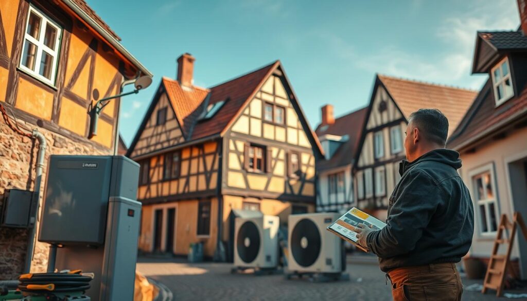 A picturesque street in Hameln featuring a traditional half-timbered house undergoing a heating system replacement. In the foreground, a skilled technician in professional attire inspects a modern heat pump, showcasing the contrast between old architecture and new technology. The middle layer highlights construction equipment like tools and materials for the installation. The background reveals charming half-timbered houses under a clear blue sky, with warm sunlight illuminating the scene. The atmosphere conveys a sense of progress and innovation, capturing the essence of successful heating system projects. The composition is sharply focused, shot with a Sony A7R IV at 70mm with a polarized filter to enhance color vibrancy and clarity.