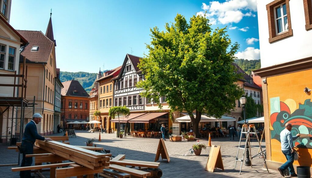 A picturesque town square in Bad Pyrmont, showcasing a charming mix of historic and modern buildings, with artisans and craftsmen visibly engaged in renovation projects. In the foreground, a well-dressed carpenter is sanding wooden beams next to a scaffolding, while a painter in professional attire is working on a vibrant mural on a nearby wall. The middle ground features an inviting café bustling with patrons enjoying the fresh air. In the background, lush green hills and the famous spa architecture of Bad Pyrmont emerge against a bright blue sky. The scene is captured with soft, natural daylight filtering through the trees, highlighting the warm colors of the buildings. Shot on a Sony A7R IV at 70mm, ensuring a clearly focused and sharply defined image with a polarized filter for enhanced contrast. The overall mood is one of community spirit and revitalization in this wellness-focused town.