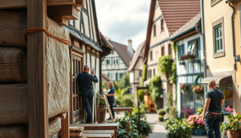 A picturesque view of a traditional half-timbered house undergoing restoration, emphasizing sustainable materials. In the foreground, a rustic wooden scaffold adorned with eco-friendly insulation materials is visible, showcasing the craftsmanship. The middle ground features skilled tradespeople in professional attire, carefully applying natural wood and recycled materials to the building, focusing on their meticulous work. In the background, the charming streets of Hann. Münden, with greenery and blooming flowers, highlight a vibrant, eco-conscious community. Soft, natural lighting enhances the scene, creating a warm and inviting atmosphere, perfect for showcasing sustainability in historic architecture. Capture this image using a Sony A7R IV at 70mm, with sharp focus and a polarized filter to bring out the rich textures and colors.