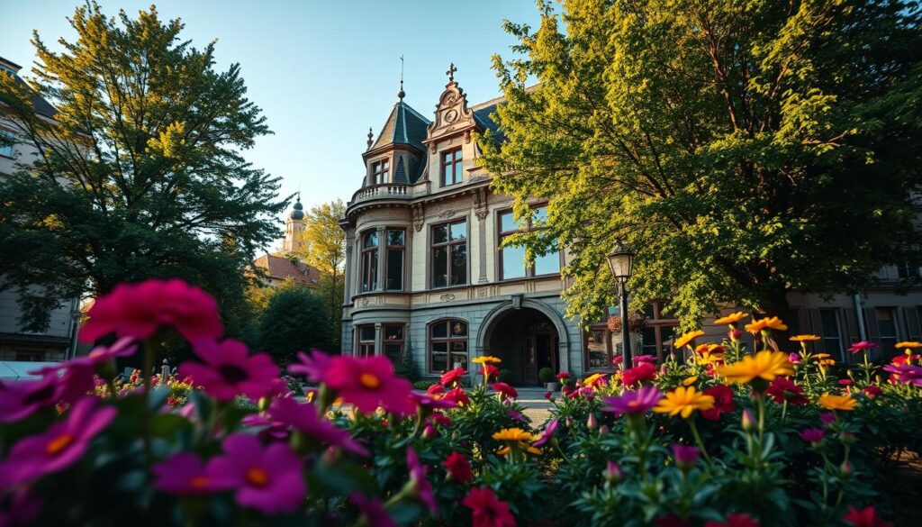 A picturesque view of the "Denkmalbehörde Höxter," showcasing a charming historical building with intricate architectural details. In the foreground, vibrant flowerbeds bloom, adding color to the scene. The middle ground features the building itself, characterized by its ornate facade and large windows reflecting the soft afternoon sunlight. The background includes lush green trees framing the structure, contrasting against a clear blue sky. The atmosphere is serene and inviting, suggesting a sense of preservation and community. The image is captured with a Sony A7R IV at 70mm, using a polarized filter for enhanced clarity and vibrant colors, focusing sharply on the building and creating a warm, nostalgic mood.