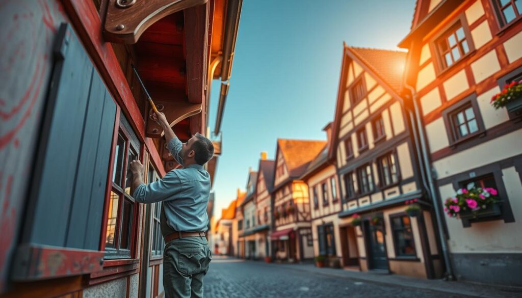 A picturesque view of traditional Fachwerk architecture in Hameln, showcasing intricately painted wooden beams and vibrant colors. In the foreground, a professional painter in modest casual clothing meticulously applies paint to the Fachwerk structure, embodying craftsmanship. The middle ground features a charming cobblestone street lined with other half-timbered buildings, adorned with blooming flower boxes. The background includes a clear blue sky, illuminated by warm sunlight casting gentle shadows, creating a serene and inviting atmosphere. The scene is captured with a Sony A7R IV at 70mm, ensuring sharp definition and clarity, enhanced with a polarized filter to enrich colors and contrast, reflecting the art of painting and design in this historic town.