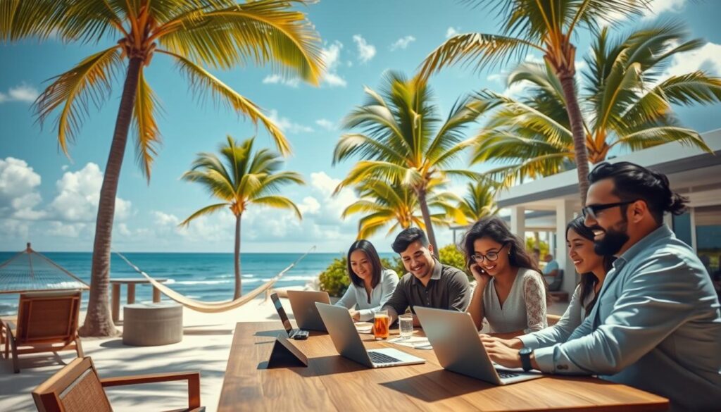 A picturesque workation scene at a modern, stylish beachside resort. In the foreground, a group of diverse professionals, dressed in smart casual attire, are gathered around a large wooden table with laptops open, discussing ideas and enjoying tropical beverages. In the middle ground, vibrant palm trees sway gently, providing shade, while a relaxing hammock and comfortable lounge chairs are nearby, inviting relaxation. The background features a stunning ocean view under a clear blue sky, with soft white clouds. The image is captured with a Sony A7R IV at 70mm, utilizing a polarizing filter to enhance colors and contrasts, creating a warm, inviting atmosphere that embodies productivity and relaxation. The sunlight creates a soft glow, highlighting the cheerful expressions of the workers engaged in their activities.