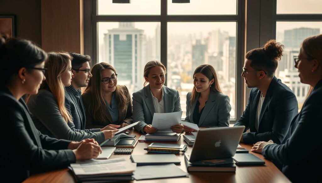 A poignant scene illustrating the social factors in vocational training. In the foreground, a diverse group of young adults in professional business attire engages in a collaborative discussion around a table, highlighting teamwork and peer support. The middle ground features educational tools like books, laptops, and printed materials, symbolizing access to resources. In the background, a large window reveals a bustling cityscape, representing societal influences and opportunities. The lighting is warm and inviting, casting soft shadows to create an atmosphere of hope and growth. Shot on a Sony A7R IV with a 70mm lens, ensuring sharp focus and detailed textures, enhanced by a polarized filter to enrich colors and contrasts in the scene.
