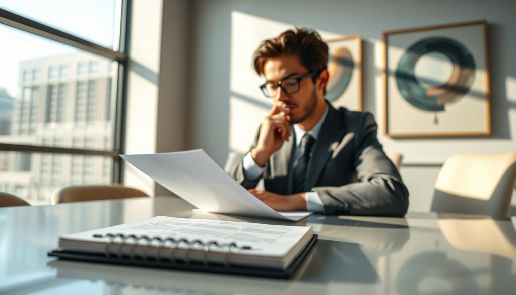 A poised individual seated at a sleek conference table, dressed in professional business attire, intently reviewing a job application. Their thoughtful expression suggests deep contemplation guided by intuition. In the foreground, a detailed view of a notepad with handwritten notes and a pen signifies the importance of gut feelings in decision-making. The middle ground features soft natural light streaming in from a large window, casting gentle shadows, creating an atmosphere of calm and focus. The background is a modern office space with abstract art, symbolizing creativity and innovation. Shot on a Sony A7R IV at 70mm, with clear focus and sharp definition, enhanced by a polarized filter to enrich colors and clarity. The overall mood conveys confidence and introspection.
