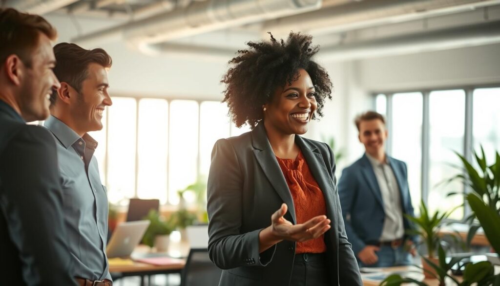 A positive, uplifting scene in an office environment that reflects satisfaction and enjoyment in one's job. In the foreground, a diverse group of three professionals is engaged in a vibrant discussion, smiling and sharing ideas. One person, a woman with curly hair wearing a smart blazer, gestures enthusiastically. In the middle ground, desks are cluttered with colorful notes and laptops, surrounded by indoor plants that add a touch of greenery. The background shows a bright, sunlit office space with large windows, allowing natural light to illuminate the scene, enhancing the warm atmosphere. The overall mood is one of collaboration and positivity, shot with a Sony A7R IV at 70mm, clearly focused, sharply defined, using a polarizing filter to enrich colors and textures.