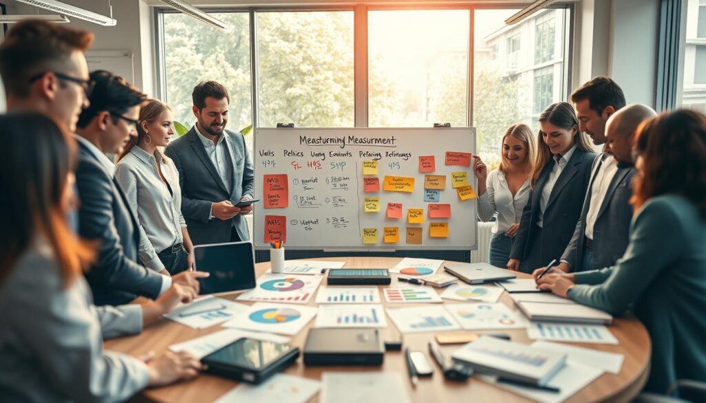 A professional and dynamic office scene showcasing various engagement measurement methods. In the foreground, a diverse group of professionals, dressed in business attire, is gathered around a circular table filled with charts, graphs, and digital devices displaying metrics of work engagement. The middle layer features a whiteboard with colorful post-it notes illustrating different measurement methods like surveys, feedback forms, and performance metrics. In the background, large windows reveal a bright and airy office with greenery outside, enhancing the productivity atmosphere. The lighting is bright and natural, capturing a warm and collaborative mood, with sharp focus on details using a Sony A7R IV at 70mm with a polarized filter.