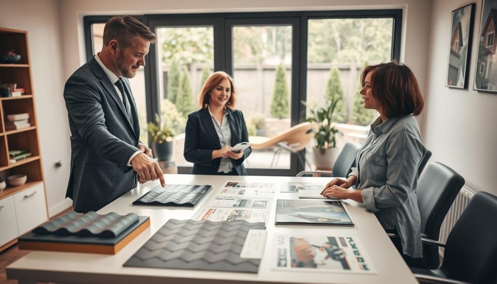 A professional and inviting scene depicting a consultant and a homeowner discussing roofing options in a well-lit office. In the foreground, the consultant, a man in a smart business suit, is pointing at a display of roofing materials and samples spread out on a sleek table. The homeowner, a woman in modest casual clothing, is attentively listening, taking notes with a notepad in her hand. In the middle, bright brochures showcasing various roofing solutions and before-and-after photos of completed projects are clearly visible. The background features a large window with natural light streaming in, revealing a view of a well-maintained garden, adding a touch of warmth. The atmosphere is professional yet relaxed, emphasizing trust and collaboration. Shot on a Sony A7R IV with a 70mm lens, the image is sharply focused and clearly defined, with a polarized filter enhancing color vibrancy.