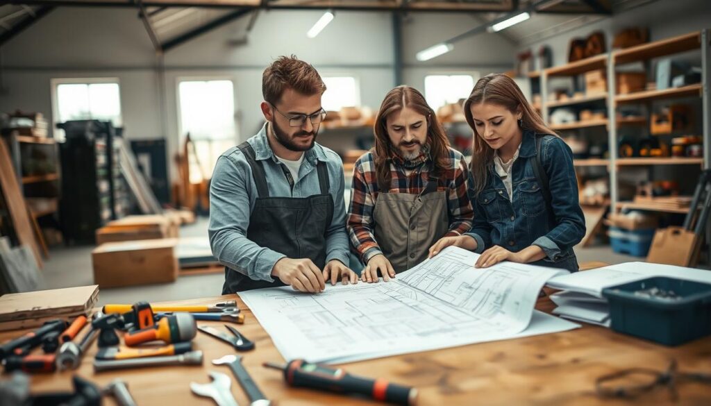 A professional and inviting workspace featuring a diverse group of skilled tradespeople (handwerkers) discussing project plans. In the foreground, a male carpenter and a female electrician, both dressed in smart casual work attire, examine blueprints at a wooden table. The middle ground shows tools and materials organized neatly, with various trade items like hammers, wrenches, and electrical instruments. In the background, a well-lit, open workshop with natural light streaming through large windows highlights shelves stocked with equipment. The atmosphere is collaborative and focused, conveying trust and expertise. Shot on a Sony A7R IV at 70mm, the image is sharply defined with a polarizing filter, emphasizing clear details and rich colors.