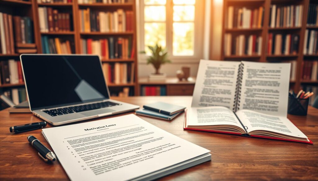 A professional and visually engaging image showcasing the structure of a successful motivation letter. In the foreground, display an elegantly arranged desk featuring a neatly printed motivation letter with bullet points highlighting key components like introduction, body, and conclusion. In the middle, include a stylish pen, a laptop with an open document, and an organized notepad filled with ideas. The background should have soft bookshelves filled with career-related literature, creating a scholarly atmosphere. The lighting should be warm and inviting, emulating a cozy office space, shot with a Sony A7R IV at 70mm for clear focus and sharp definition, utilizing a polarized filter to enhance colors and reduce reflections. The mood is professional yet approachable, encouraging success in job applications.