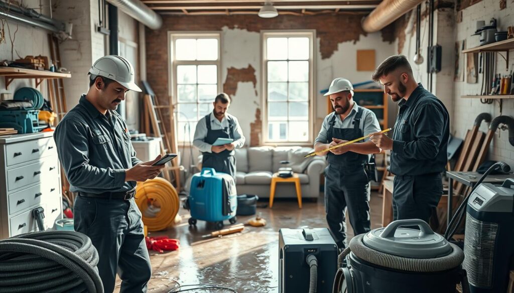 A professional and well-organized plumbing workshop scene, showcasing skilled technicians in smart work attire, analyzing water damage in a flooded residential area. In the foreground, a plumber examines moisture readings with digital equipment, while another measures dimensions for repairs. The middle ground features tools and equipment such as hoses, dehumidifiers, and wet vacs, neatly arranged. In the background, partially submerged furniture and water-damaged walls create an atmosphere of urgency and professionalism. The lighting is bright and clear, simulating natural daylight flooding in through windows, enhancing the focus on the technicians’ concentrated expressions. Shot on a Sony A7R IV at 70mm, the image is sharply defined and captured with a polarized filter to reduce reflections, immersing viewers in the importance of expert plumbing services in flood situations.